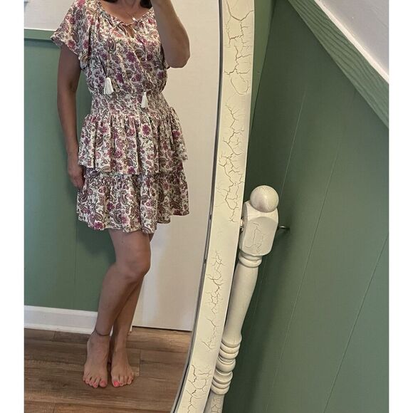 Patrons of Peace Boho Floral Tiered Mini Dress Smocked Waist Ruffle Hem - Picture 9 of 9
